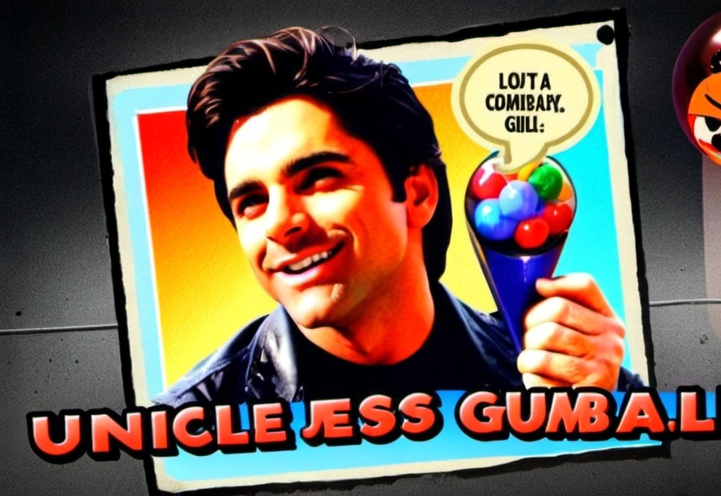 An AI generated image titled 'Unicle Jess Gumbal' with Jess holding a cone containing gumballs with a speech bubble that says 'Loit a comibapy. Giiu:'.